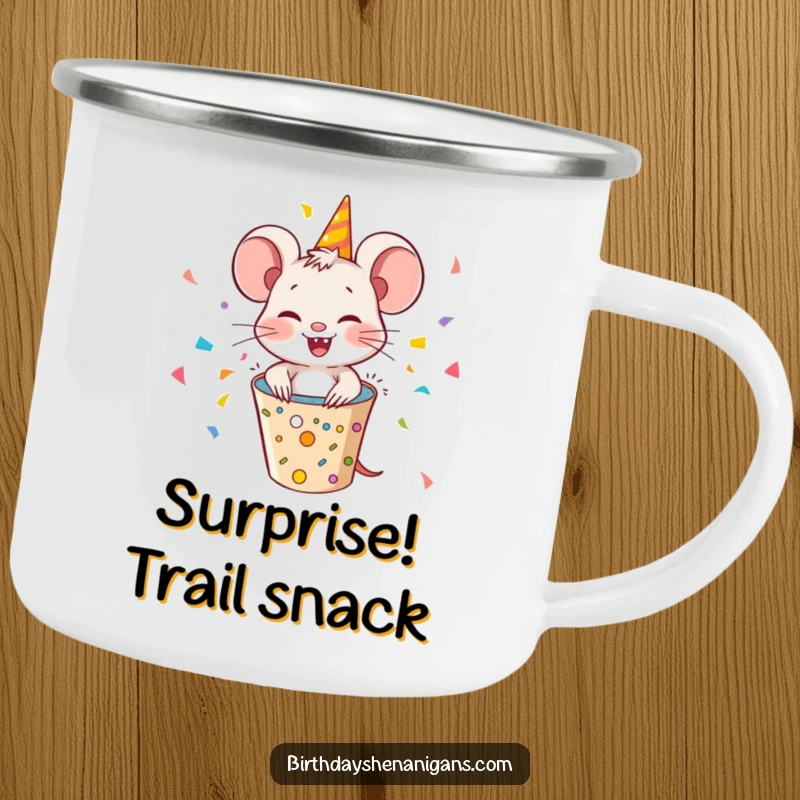 Funny mouse popping out of a party popper, confetti explosion, a sturdy and humorous camping mug for adventures.