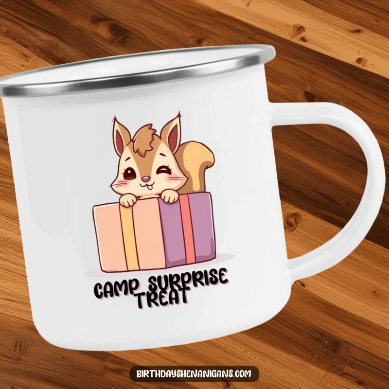 Funny giggling squirrel camping mug, a playful character peeking from behind a giant present, durable for outdoor fun.