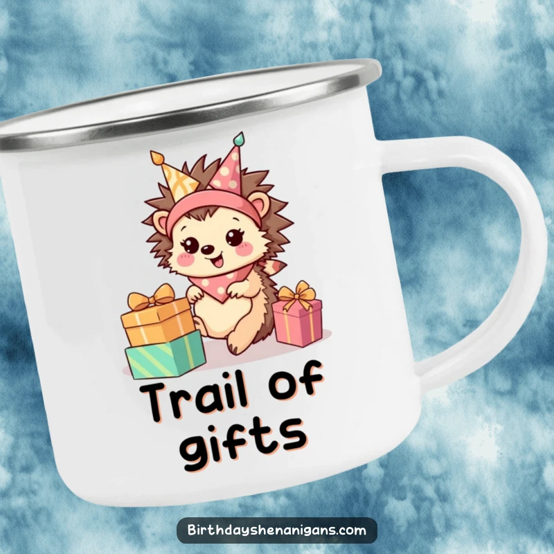 Funny Hedgehog Camping Mug: Happy character rolls towards presents, durable and cheerful for outdoor fun.