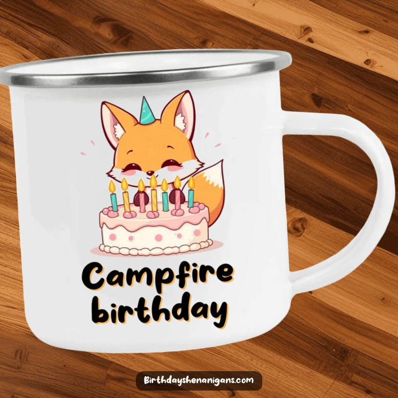 Funny kawaii fox grinning and blowing out birthday cake candles on a sturdy camping mug.