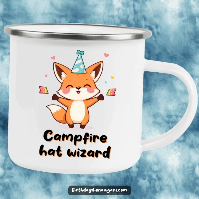 Funny kawaii fox character enthusiastically juggling party hats on a rugged camping mug, perfect for outdoor adventures and bringing cheer.