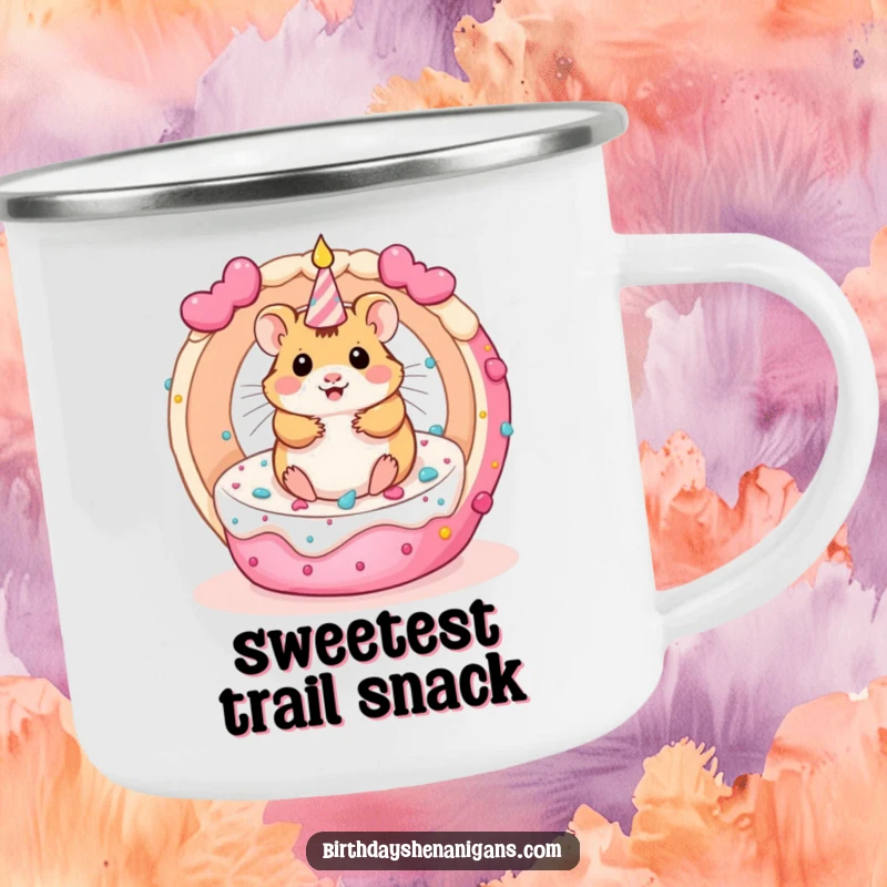 Funny kawaii hamster character inside a rolling birthday cake, on a durable camping mug for outdoor fun.