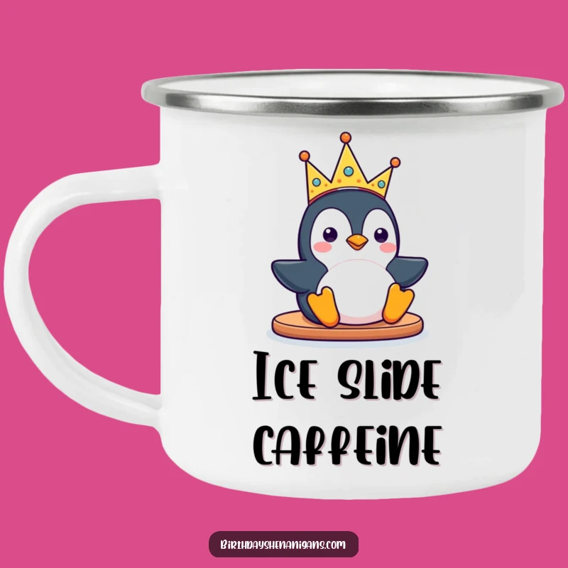 Funny Kawaii Penguin Camping Mug: Sliding Adventure, Perfect Outdoor Gift