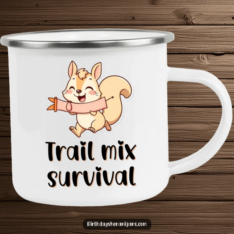Funny Squirrel Camping Mug: A joyful squirrel with a banner enjoys the outdoors, perfect for coffee and adventure, a funny gift.
