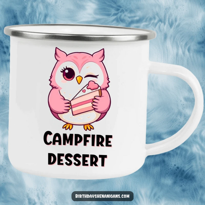 Funny winking owl camping mug, a playful character holding a slice of cake, durable for outdoor enjoyment and humor.