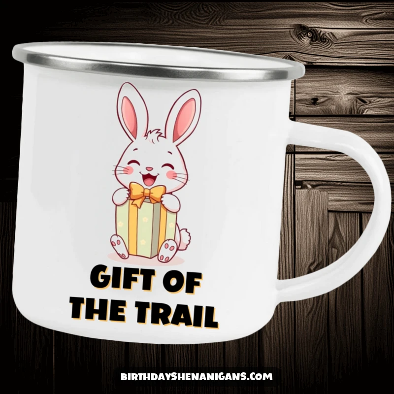 Funny Rabbit Gift Camping Mug: A cheerful rabbit joyfully unwraps a bright gift, ready for hilarious outdoor fun.