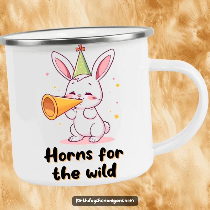 Funny camping mug featuring a cute bunny in a party hat, gleefully blowing a giant party horn, ready for outdoor fun and festivities.