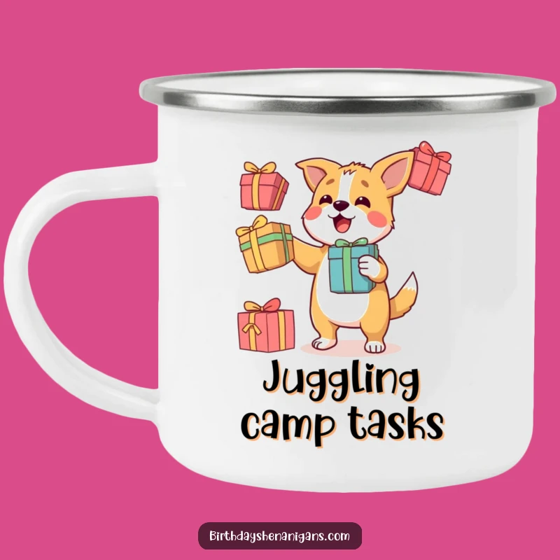 Funny Dog Juggling Camping Mug: Determined Character, Gifts, Outdoor Fun