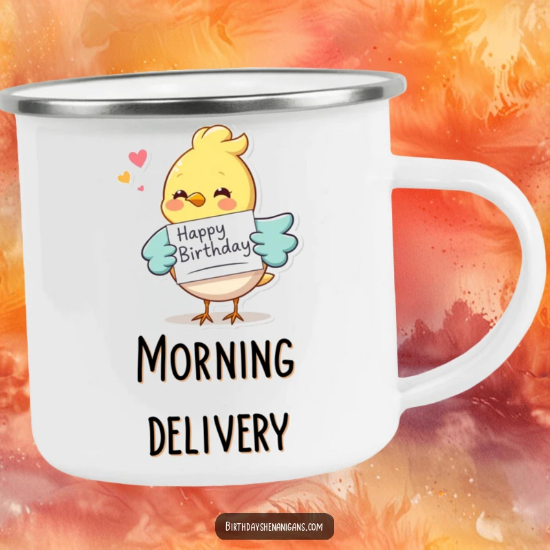 Funny whimsical bird character delivering a birthday card, enamel camping mug, durable and portable for outdoor celebrations.