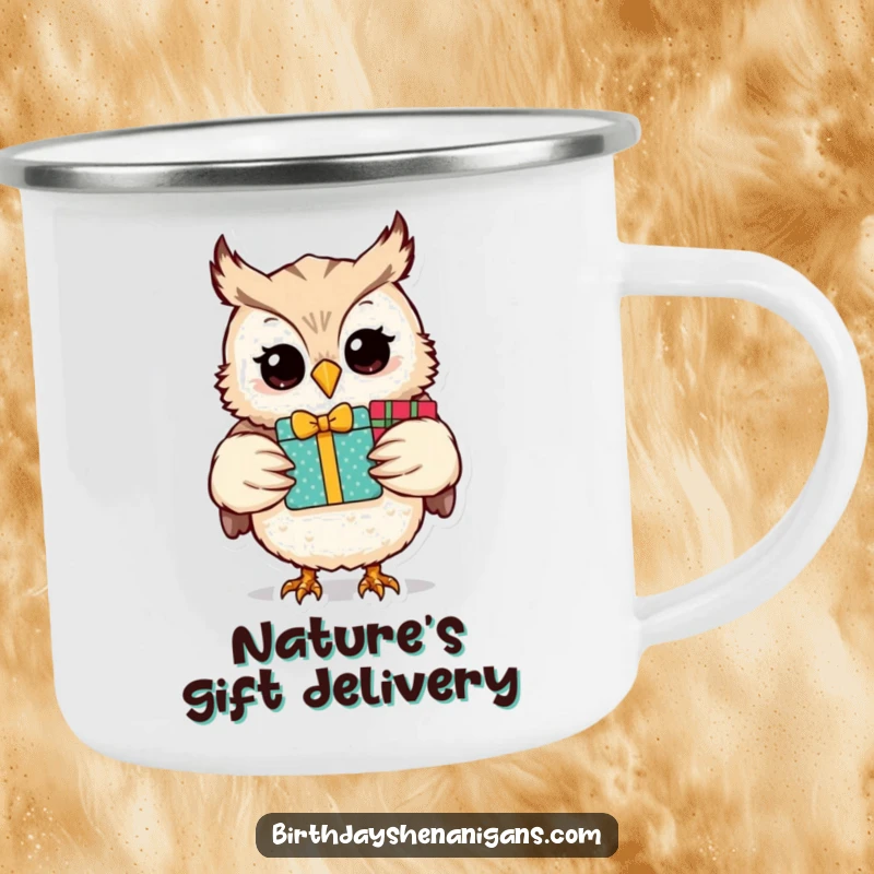 Funny owl character holding a stack of gifts on a rugged enamel camping mug, ready for any adventure.