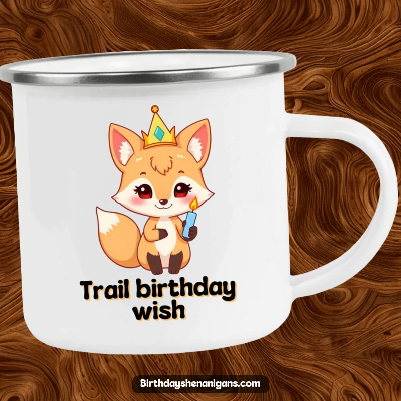 Funny curious fox in a party crown, holding a twinkling candle, a sturdy and humorous camping mug for celebrations.