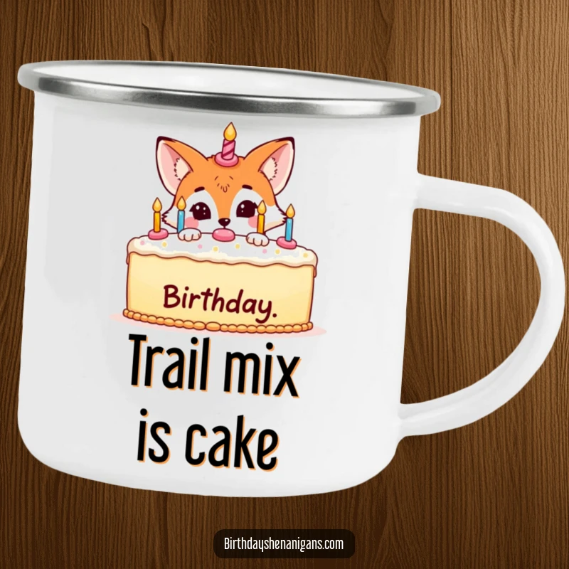 Funny camping mug with a sneaky fox peeking from behind a birthday cake, ready for a birthday adventure abroad.
