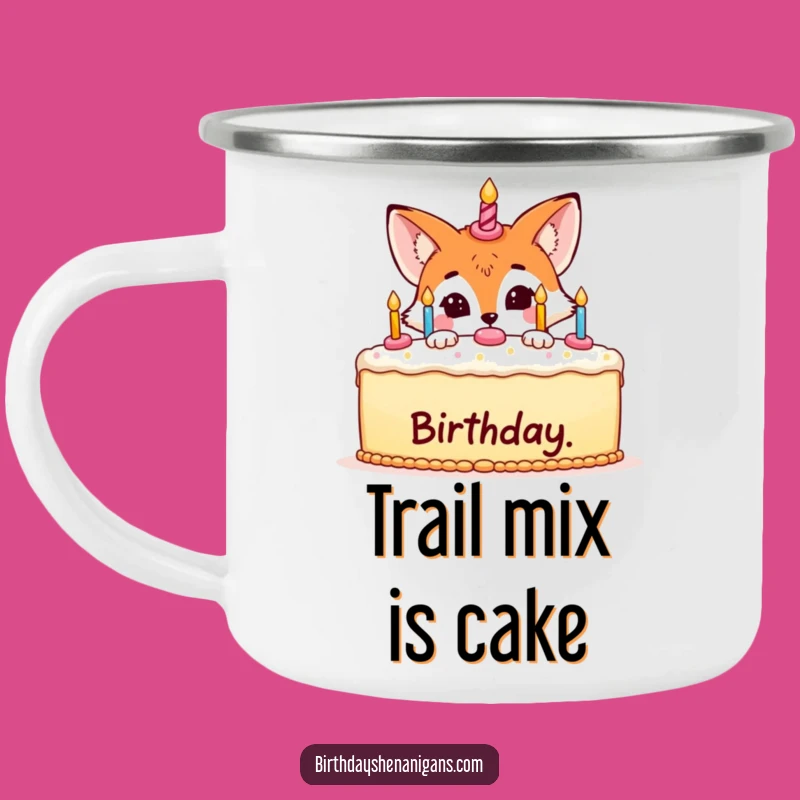 Funny Fox Hiding Cake Camping Mug: Sip Your Birthday Surprise!