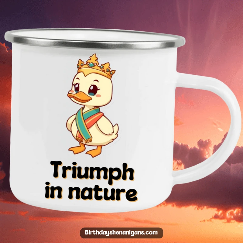 Funny Duck Camping Mug: A regal duck with a sash enjoys the outdoors, perfect for ambitious campers, a funny gift.