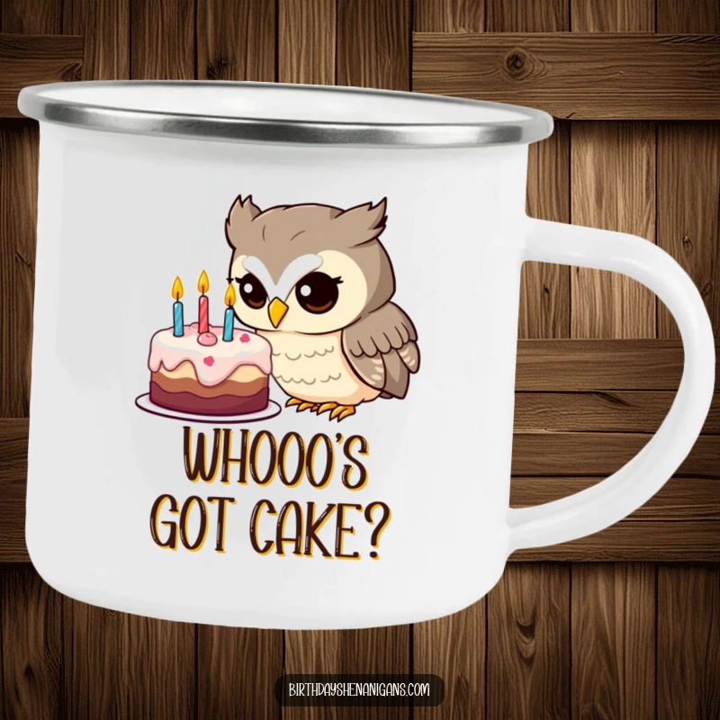 Funny owl camping mug featuring a curious character examining a birthday cake, designed for outdoor discovery.