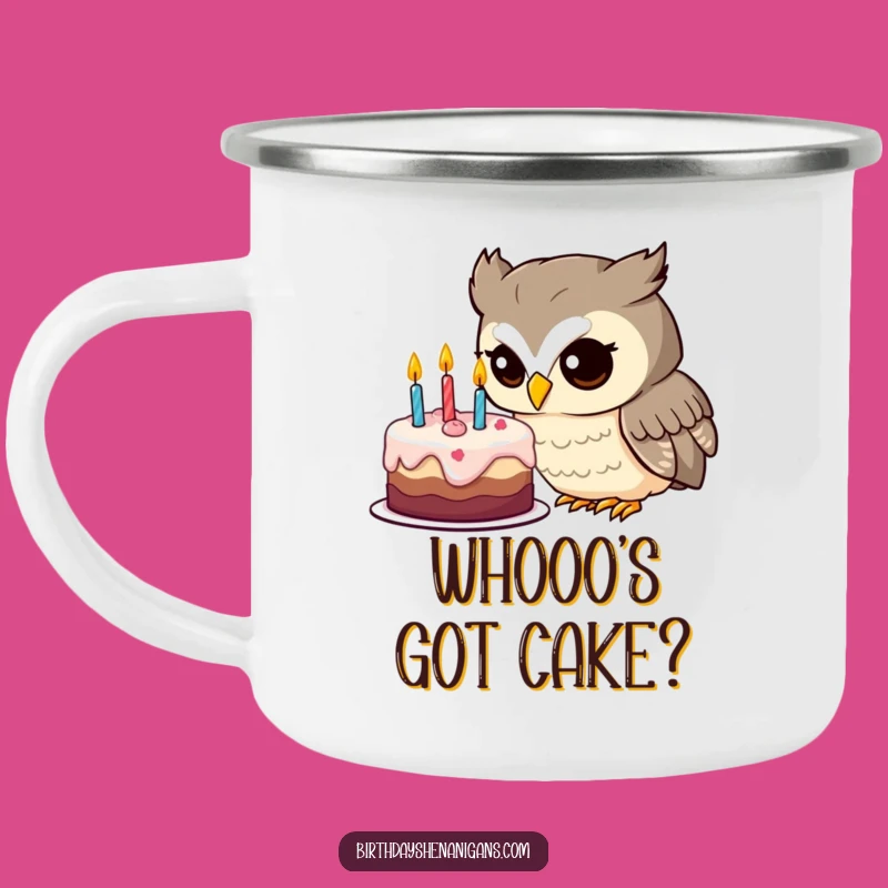 Funny Owl Birthday Cake Camping Mug: Explore Outdoors with Humor!