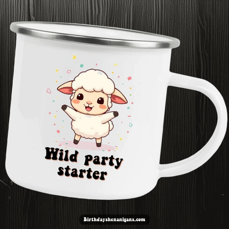 Funny camping mug showcasing a happy sheep scattering confetti, perfect for adding humor to outdoor adventures and coffee breaks.