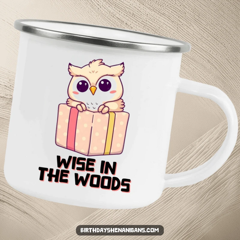 Funny enamel camping mug with an owl peeking from a gift, perfect for hot drinks during outdoor activities.