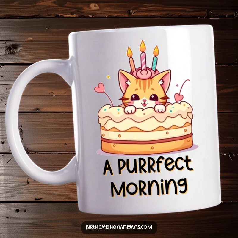 Funny mug featuring a playful cat character peeking mischievously from a giant birthday cake, ready for celebration.