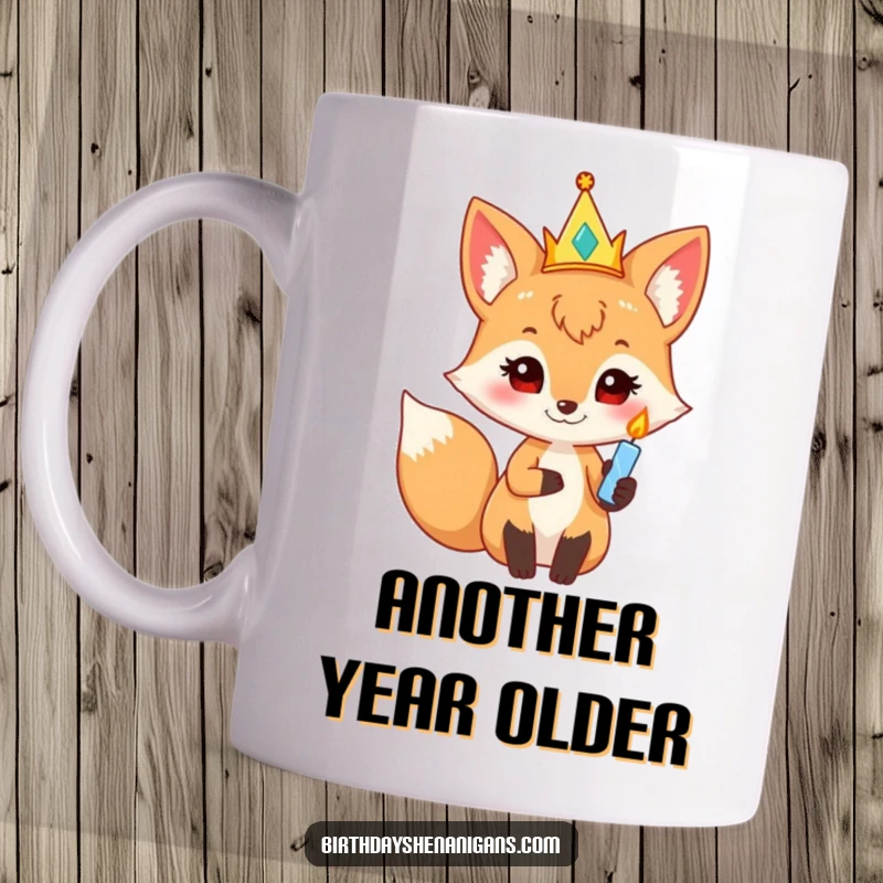 Funny curious fox wearing a party crown, holding a twinkling candle, perfect for birthday celebrations and whimsical gifts.