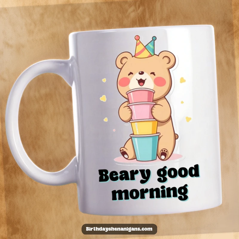 Funny Bear Mug: A cute bear character gleefully stacking a tower of colorful party cups, looking excited.
