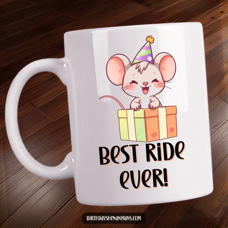 Funny Mouse Mug: Giggling character in party hat rides a gift box, conveying pure joy and celebration.