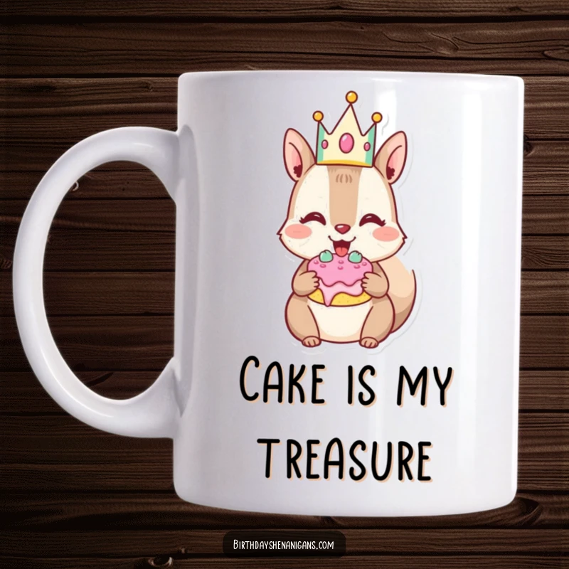 Funny Squirrel Mug: Joyful character wears crown, stuffs cheeks with cake, conveying delicious delight.