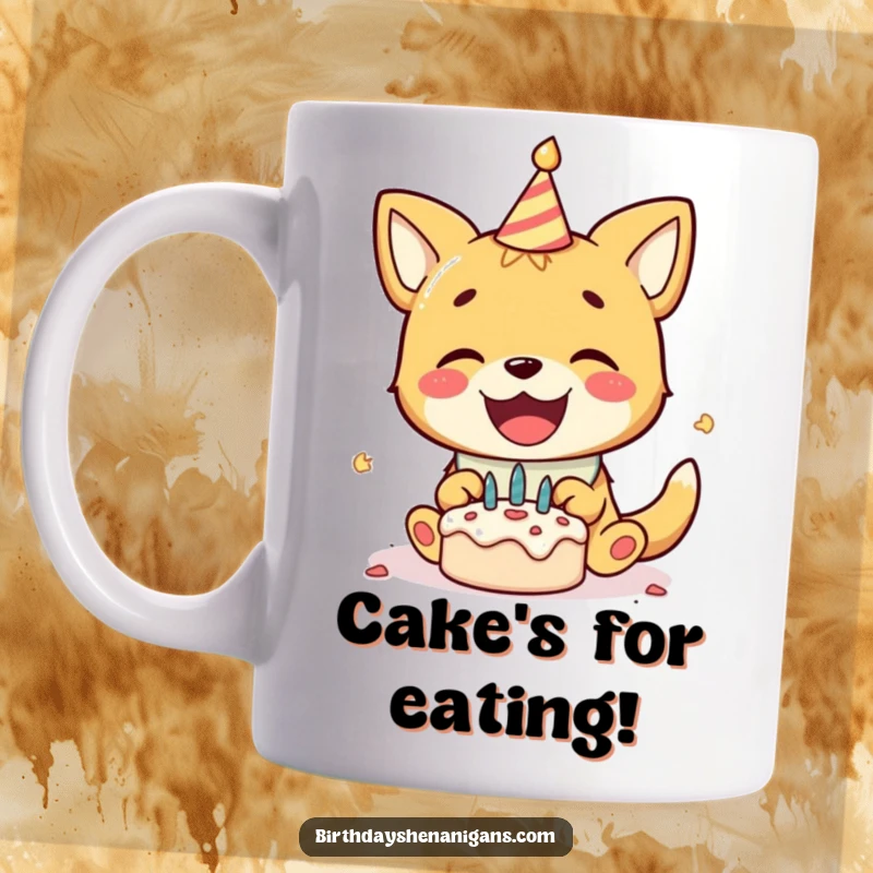 Funny birthday mug with a delighted dog in a bib gleefully smashing a tiny cake, celebrating joyfully.