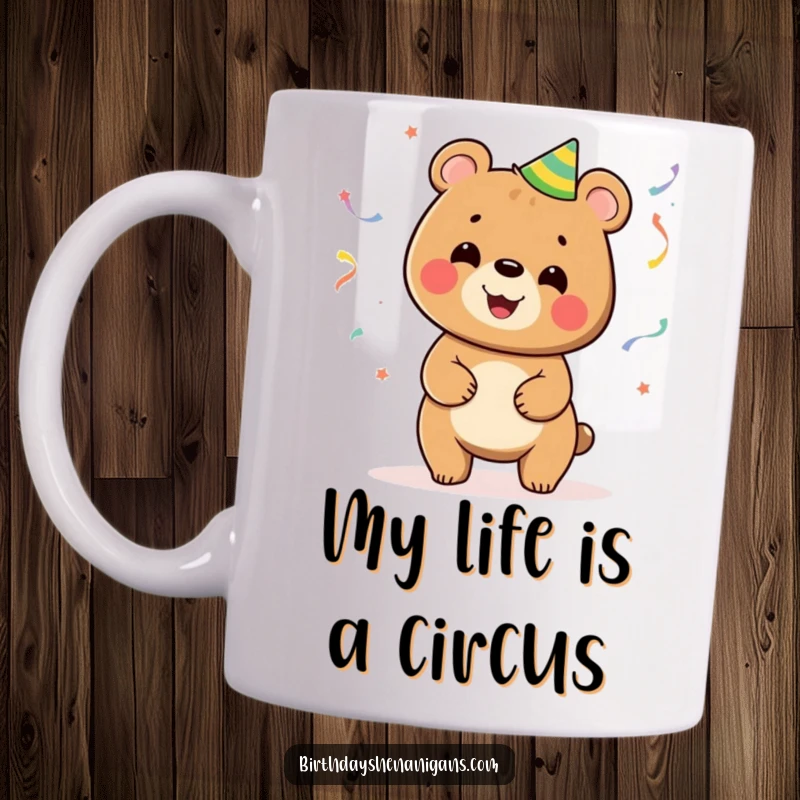 Funny mug with a happy bear artistically juggling vibrant party streamers, radiating pure celebratory fun and excitement.