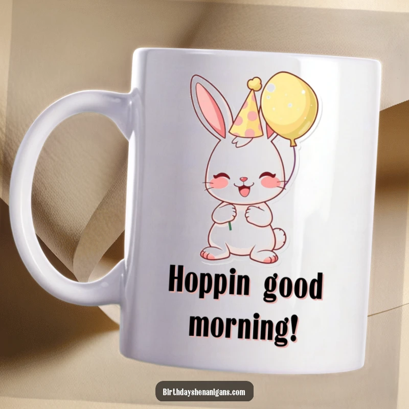 Funny birthday mug with a cheerful bunny wearing a party hat, holding a balloon, ready for a fun celebration.