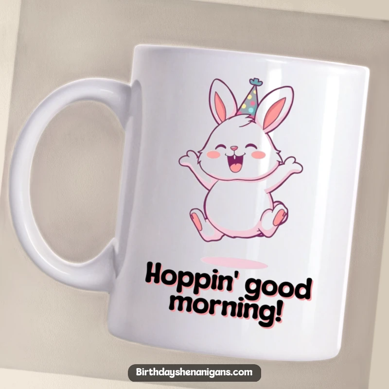 Funny mug featuring a fluffy bunny wearing a party hat, leaping with pure joy and excitement for a celebration.