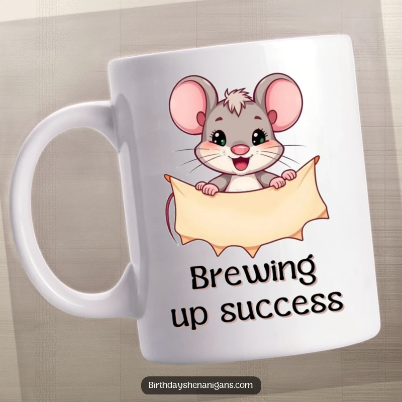 Funny mug featuring a determined mouse character diligently hanging a festive banner, embodying focus and holiday spirit.