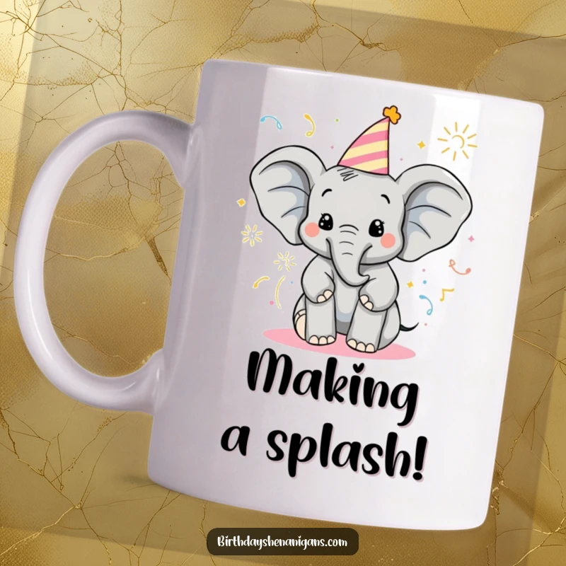 Funny Elephant Mug: Delighted character in birthday hat sprays party poppers, conveying excitement and fun.