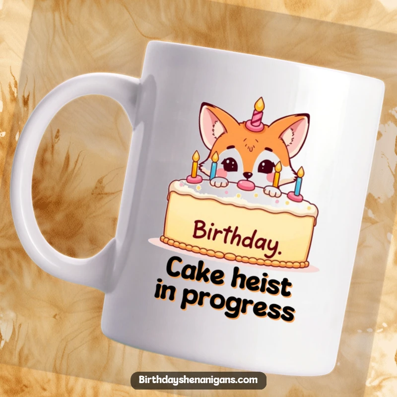 Funny mug illustration of a sly fox playfully hiding behind a large, decorated birthday cake, anticipating a treat.