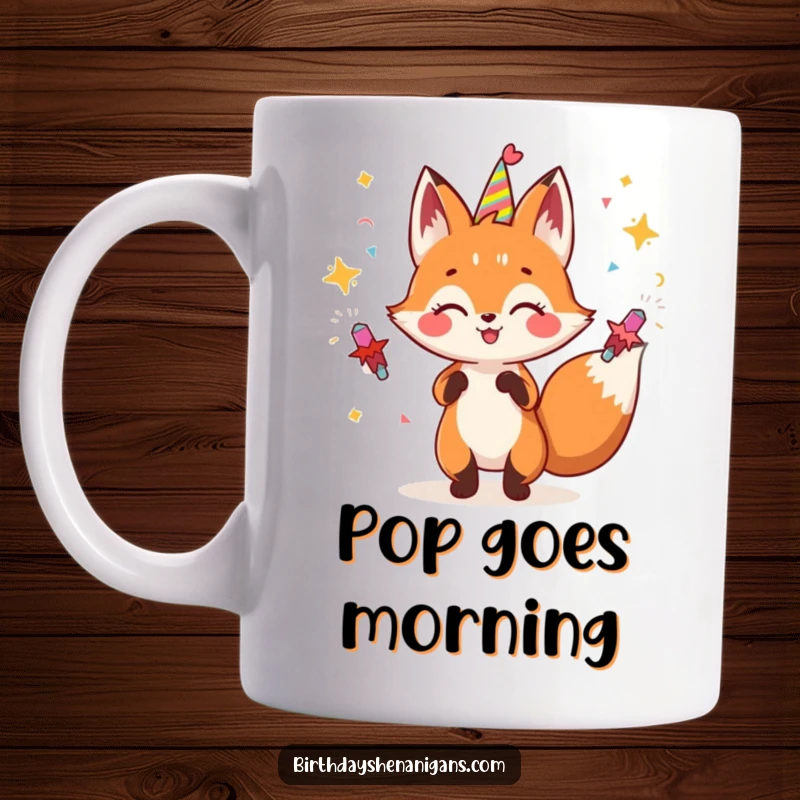 Funny fox mug featuring a gleeful character energetically juggling colorful party poppers, ready for celebration.