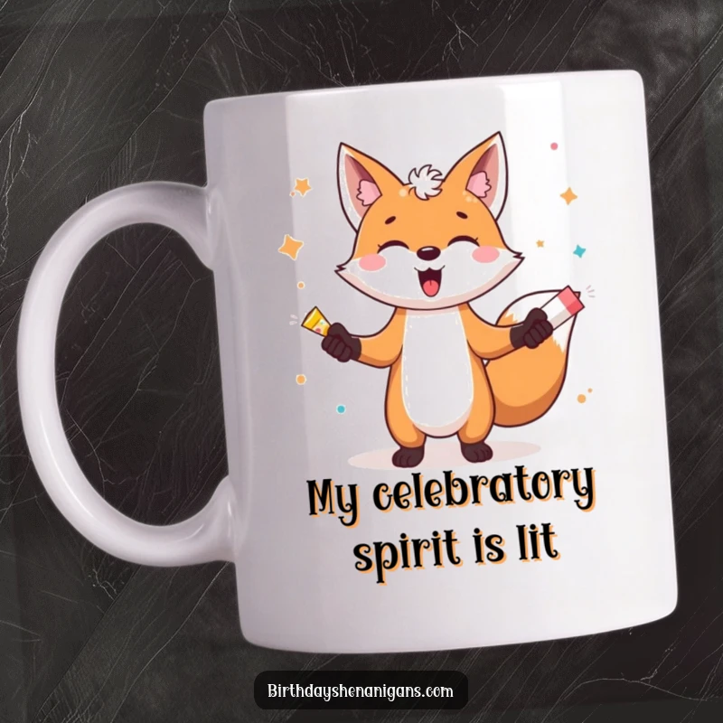 Funny mug with a gleeful fox character energetically juggling exploding party poppers, spreading confetti and pure joy for any celebration.