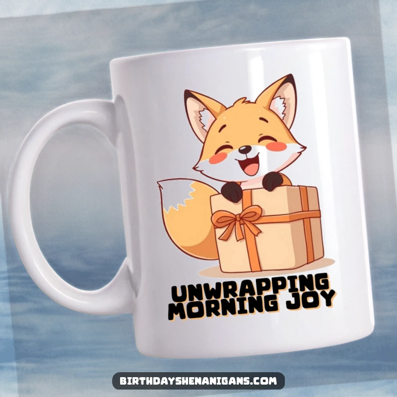 Funny mug featuring a smiling fox character excitedly unwrapping a comically large present, radiating pure joy and anticipation.