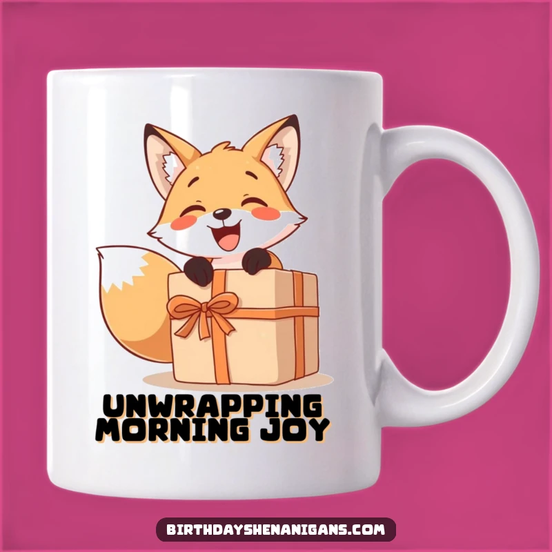Funny Fox Present Mug: Excited Character Unwrapping Big Gift, Hilarious Present