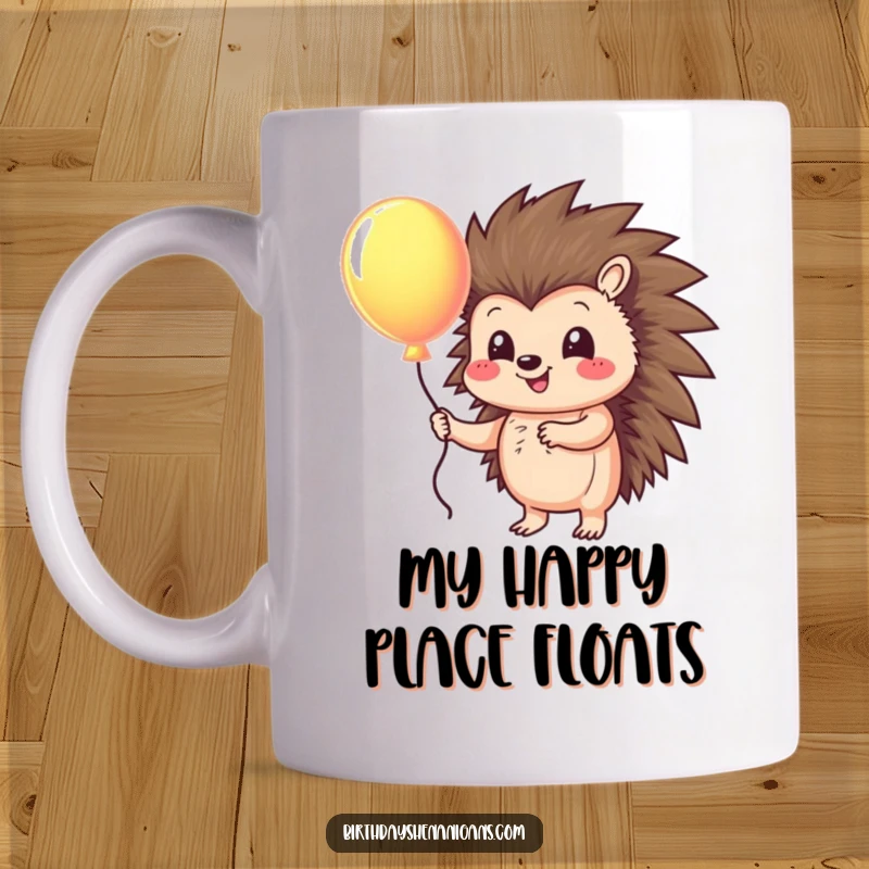 Funny mug showcasing a smiling hedgehog character gently holding a brightly colored balloon, radiating happiness and simple joy.