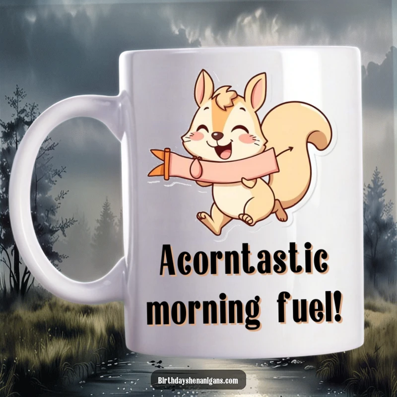Funny Squirrel Mug: A happy squirrel sprints with a celebratory banner, embodying pure joy and making a perfect humorous gift.