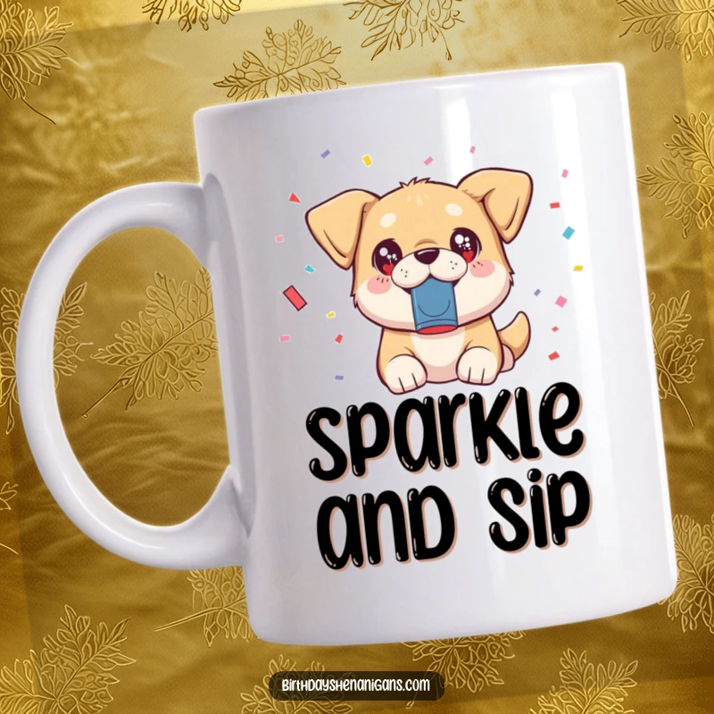 Funny kawaii dog with sparkling eyes happily launching colorful confetti from a popper, on a mug for festive cheer.