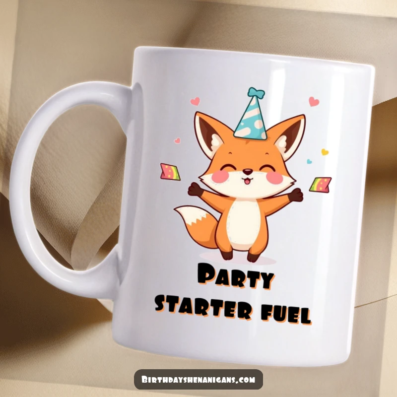 Funny kawaii fox character enthusiastically juggling colorful party hats on a mug, radiating joy and festive energy.