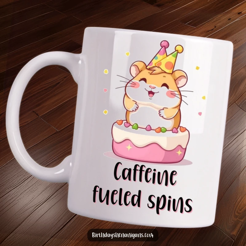 Funny Kawaii hamster wearing a tiny party hat, gleefully spinning circles on top of a frosted cake, looking ecstatic.