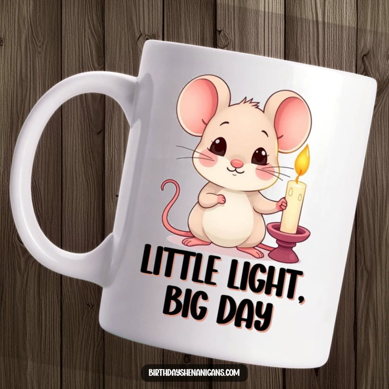 Funny kawaii mouse holding a single, lit candle with a curious expression on a mug, evoking wonder.