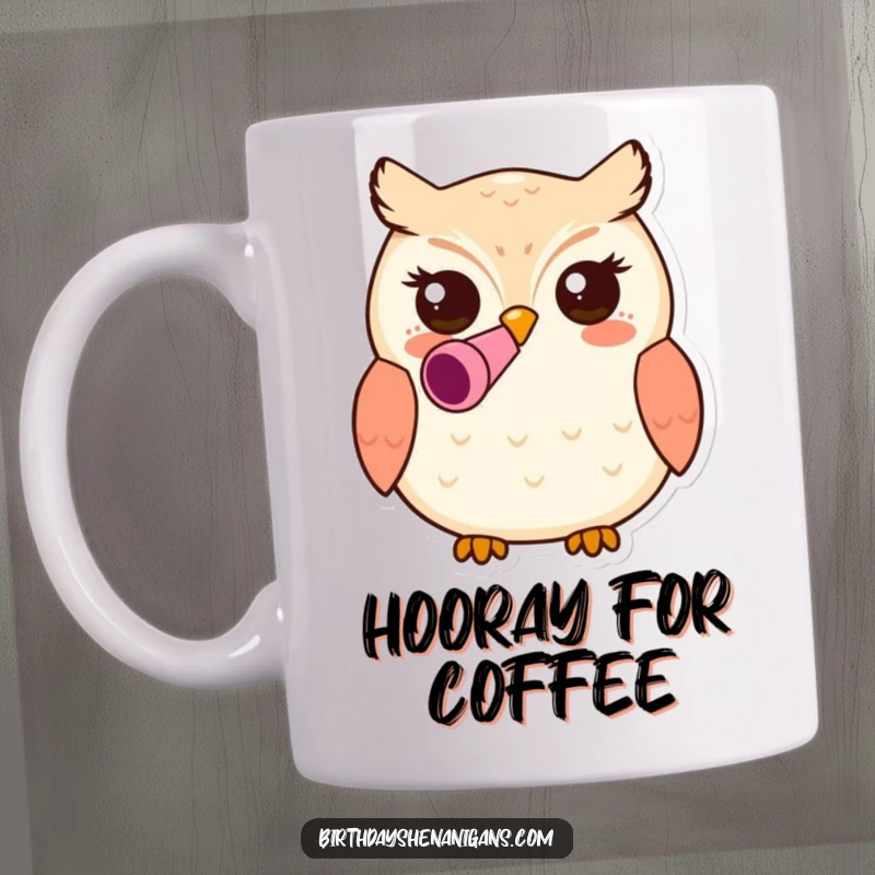 Funny kawaii owl character wearing a colorful party blower in its beak on a mug, looking festive and ready to celebrate.