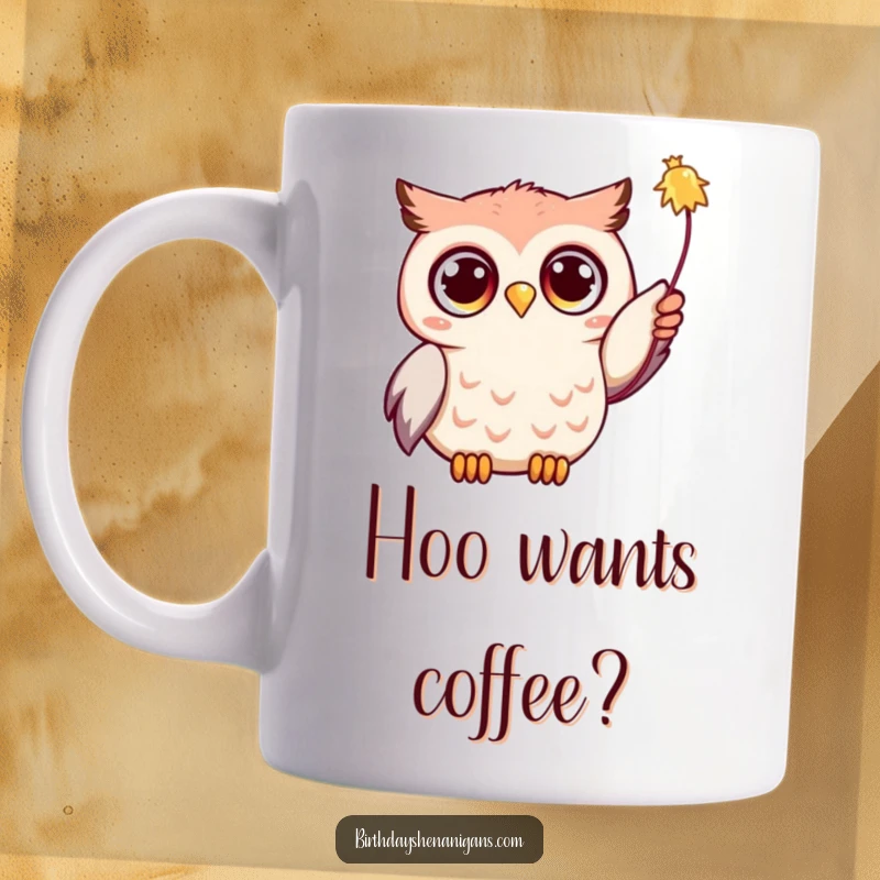 Funny Kawaii owl with huge, excited eyes, stretching its wing to grab a colorful party streamer, full of anticipation.