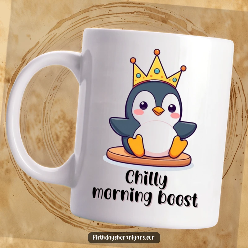 Funny kawaii penguin character sliding down wearing a silly party crown on a mug, looking joyful and ready for celebration.