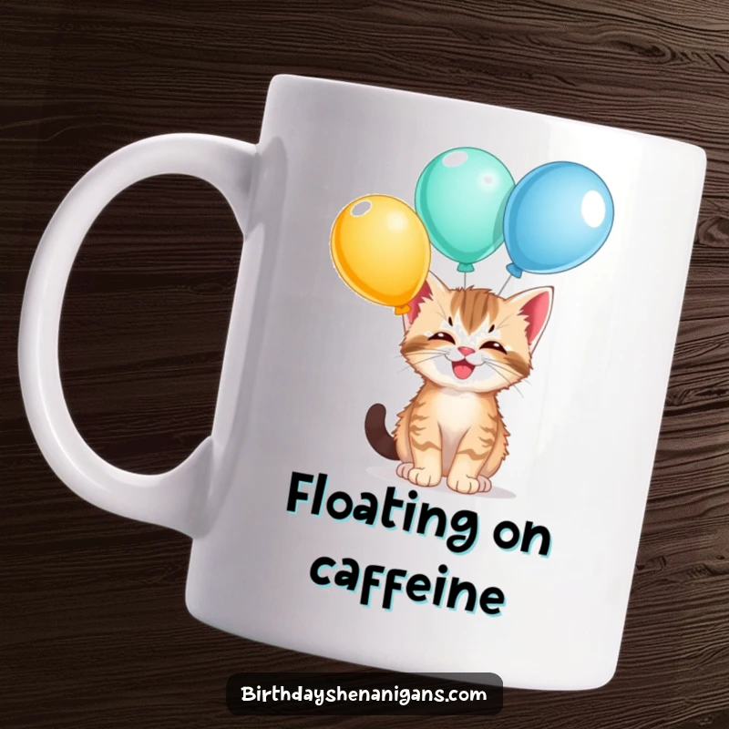 Funny kitten mug, giggling, balancing multiple colorful balloons on its nose, cute and playful, celebration theme.