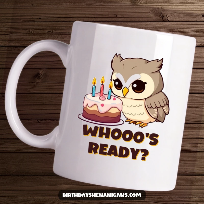 Funny owl mug showing a curious character peering intently at a birthday cake, ready for a sweet surprise.