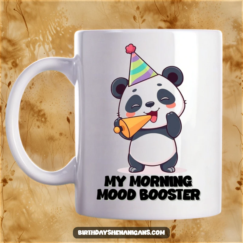 Funny panda mug wearing a party hat and joyfully blowing a noisemaker, celebrating a happy occasion with festive energy.